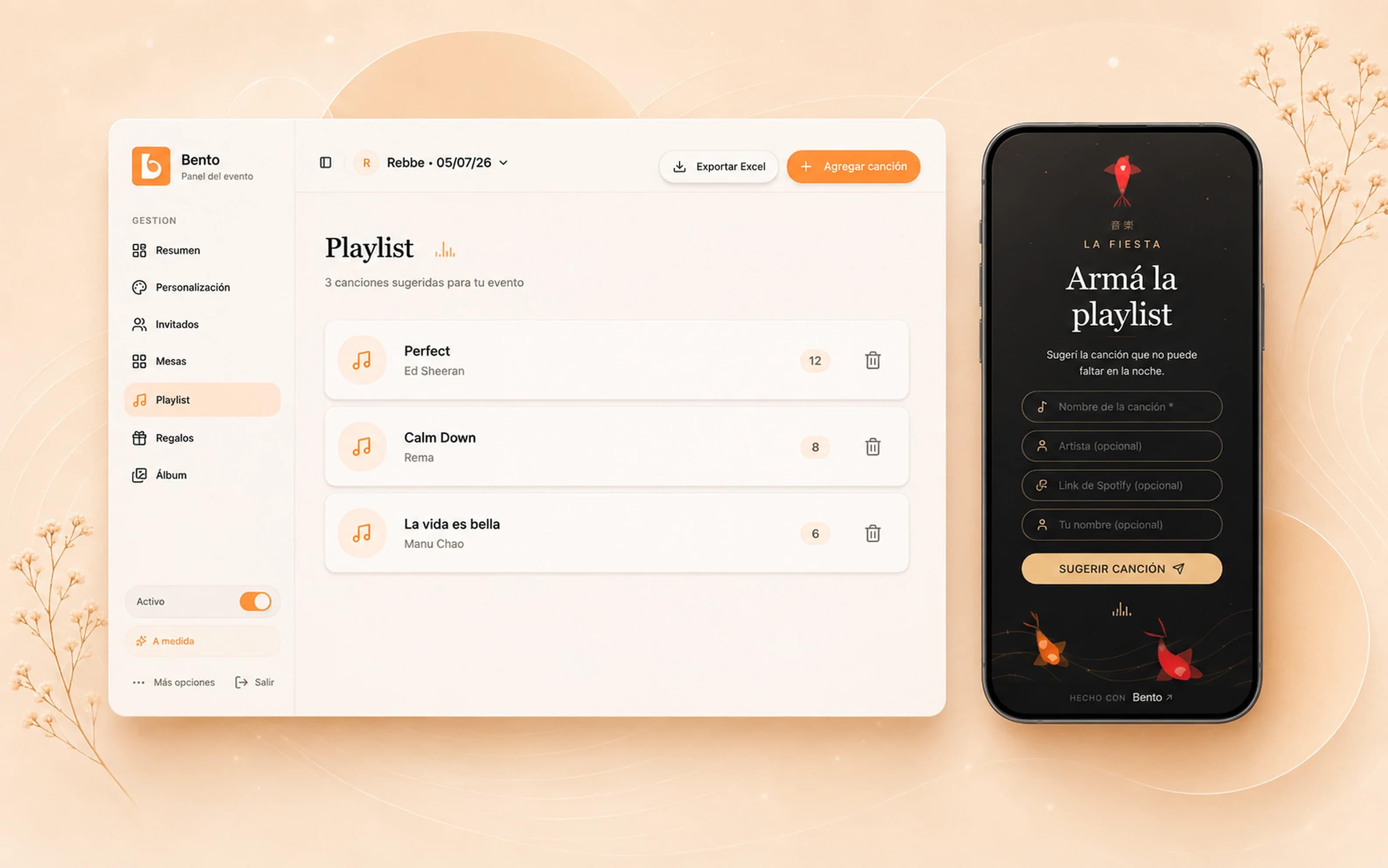 Panel de playlist colaborativa de Bento con moderación